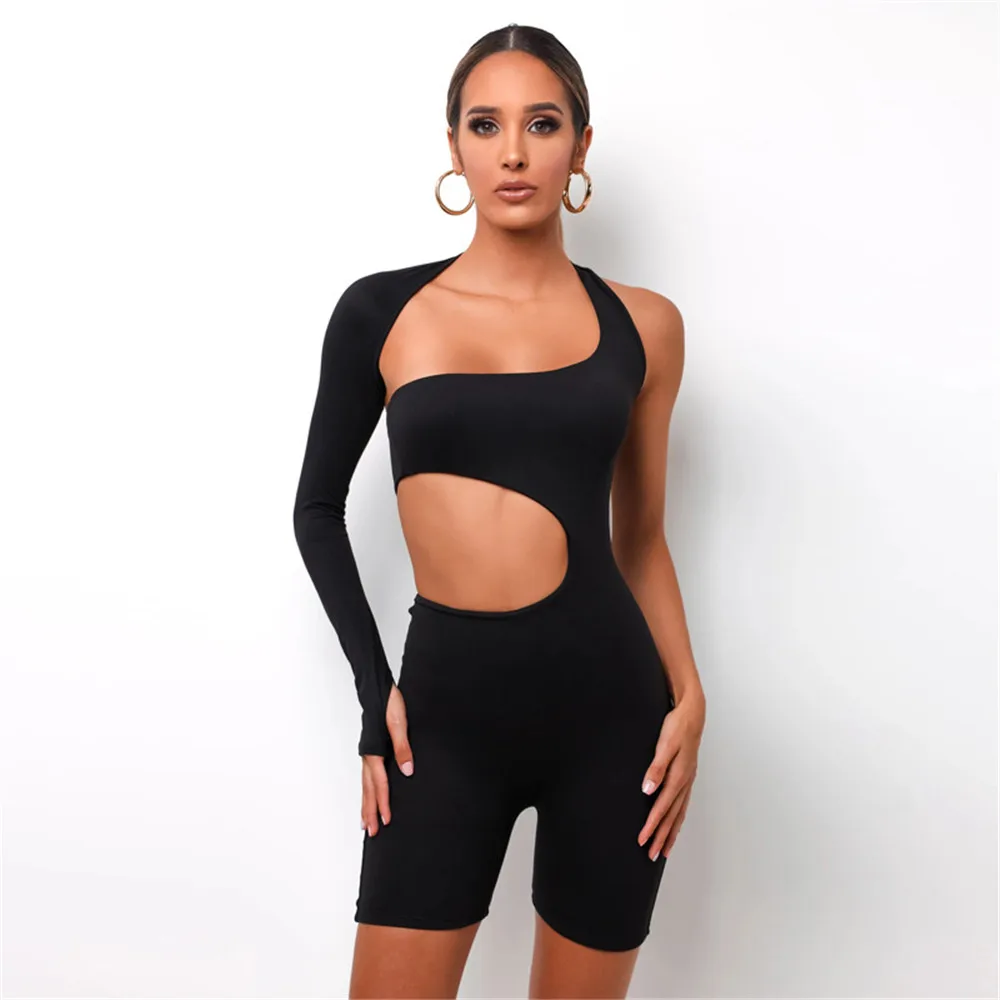 Athleisure Casual Active Wear Playsuit Women Rompers Sexy Hollow Out Bodycon Jumpsuit Shorts One Sleeve Bodysuits Ropa De Mujer 5