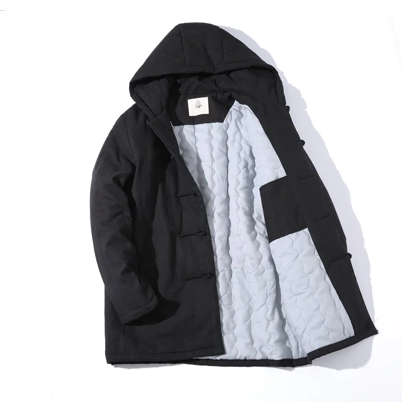 Vintage Style Hooded Men Parkas Cotton Winter Button Up Trench Long Sleeve Outerwear Padded Retro Men Jackets Coats KK3062