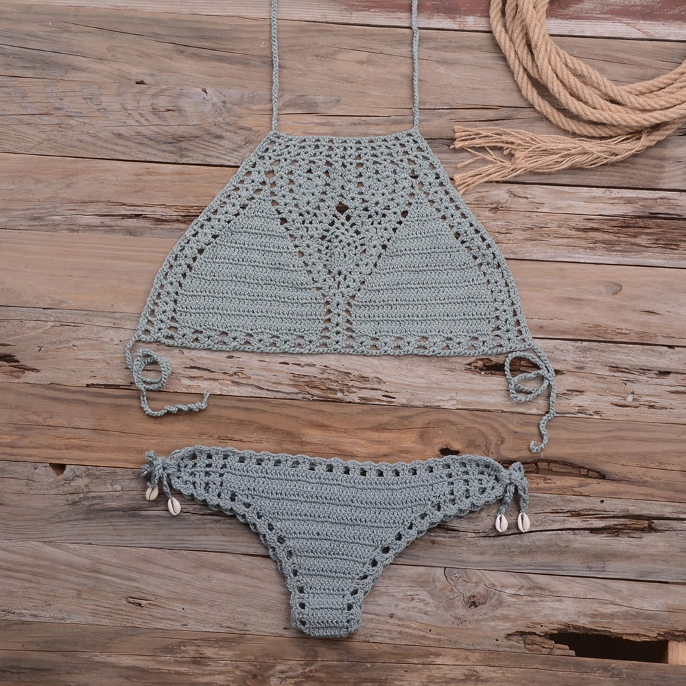 Women Sexy Micro Bikini Set G Thong String Lattice Hollow Bikinis Top Crochet Beach Swimwear Bathing Beachwear Set