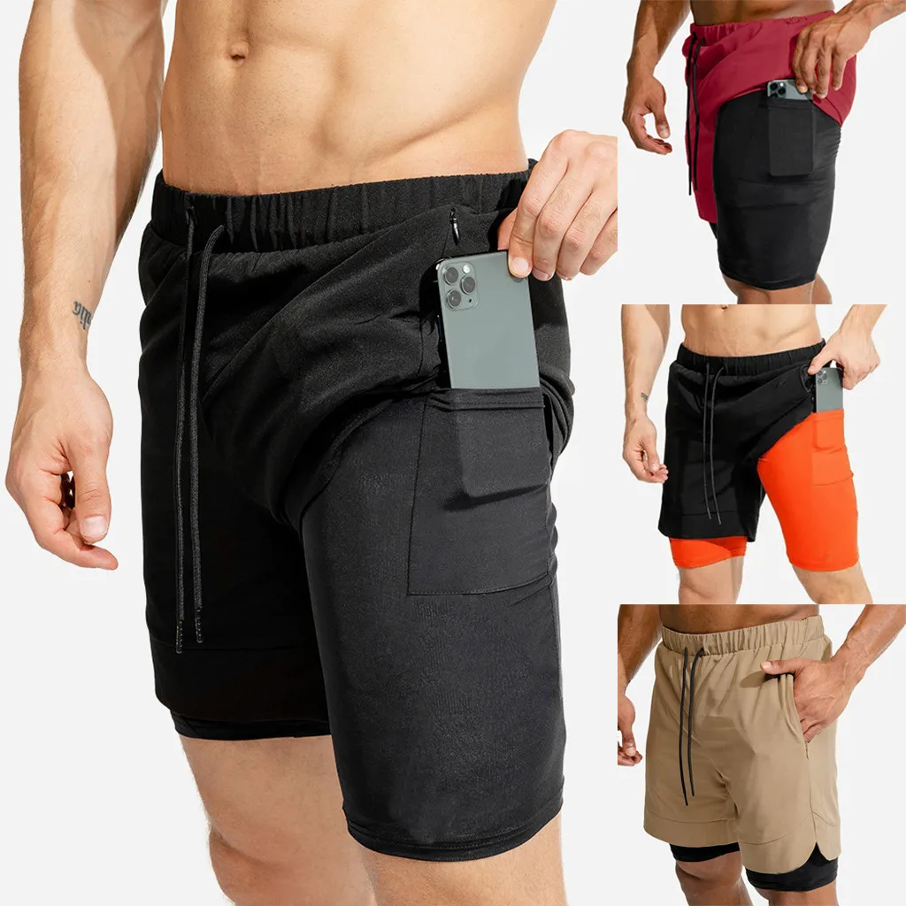 Popular Mens Shorts Two-Layer Quick Drying Running Shorts Security 2 in 1 Built-in Pockets Outdoor Breathable Sport Fitness Shorts JR13