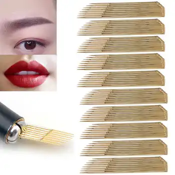 

10pcs Gold Double Row Eyebrow Tattoo Needle 15 Needles Makeup Eyebrow Tattoo Blade for Microblading Make up Manual Tattoo Pen
