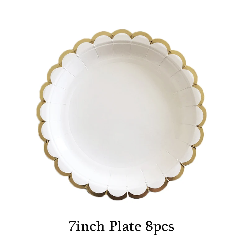 7inch plate 8pcs Одноразовые столовые приборы, вечерние, золотые, белые, бумажные тарелки, соломинки, чашки, набор, для дня рождения, вечеринки, свадьбы, Декор, для детей, для душа, вечерние принадлежности - Цвет: 7inch plate 8pcs