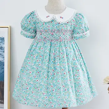 

Girl Smocked Floral Dress Baby Frocks Children Spanish peter pan collar Hand Made embroidered princess Dress