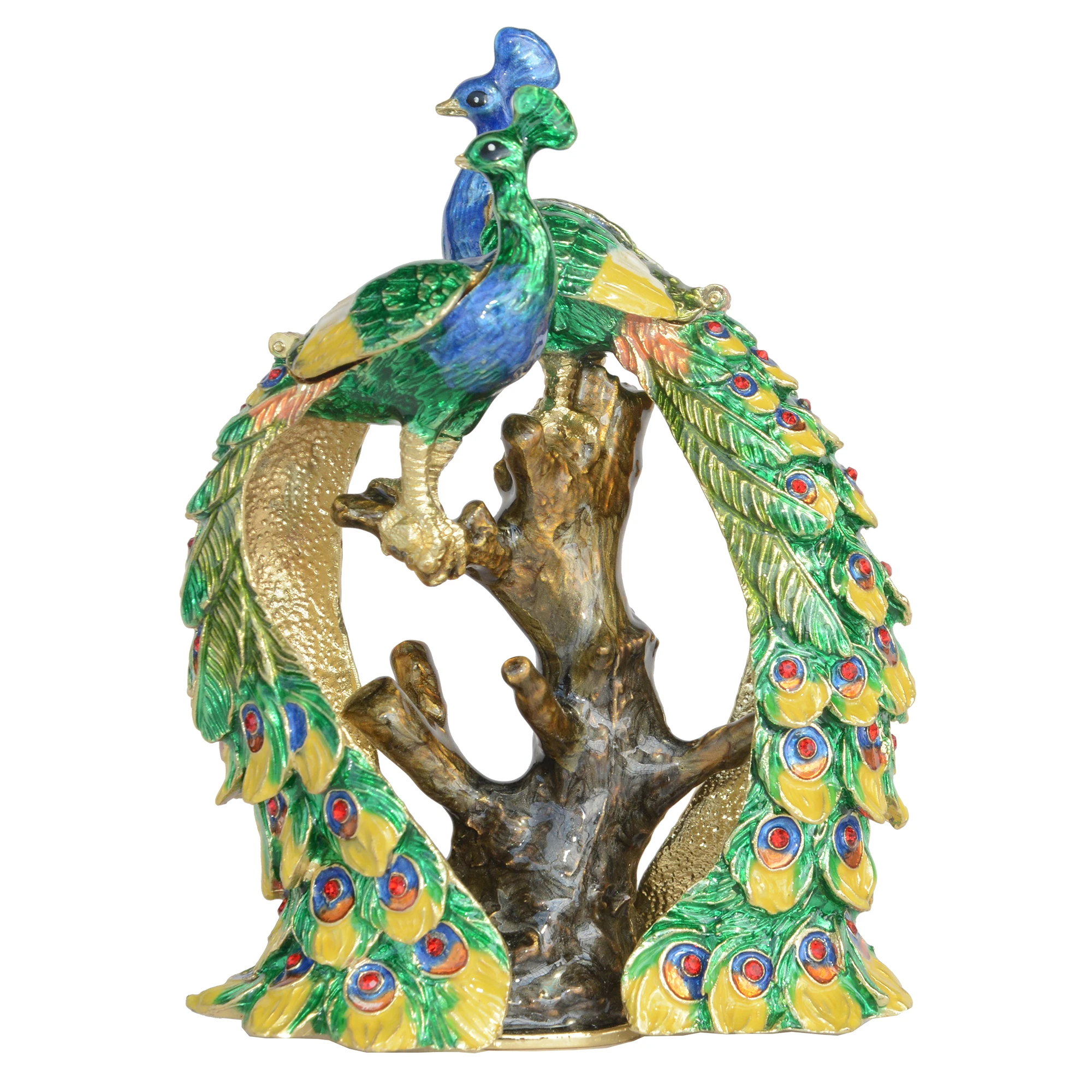 Bejeweled Peacock Lovers Trinket Box, Metal Tabletop, Figurine Decoration