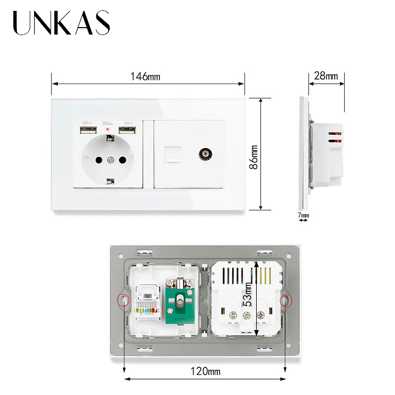 UNKAS класса люкс Стекло Панель Европейская Сетевая розетка с двумя портами USB