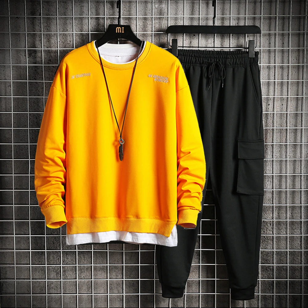 Tracksuit Men Outfits Clothing Hip-Hop-Clothes 2piece-Set Korean-Fashion Sweatshirt Spring