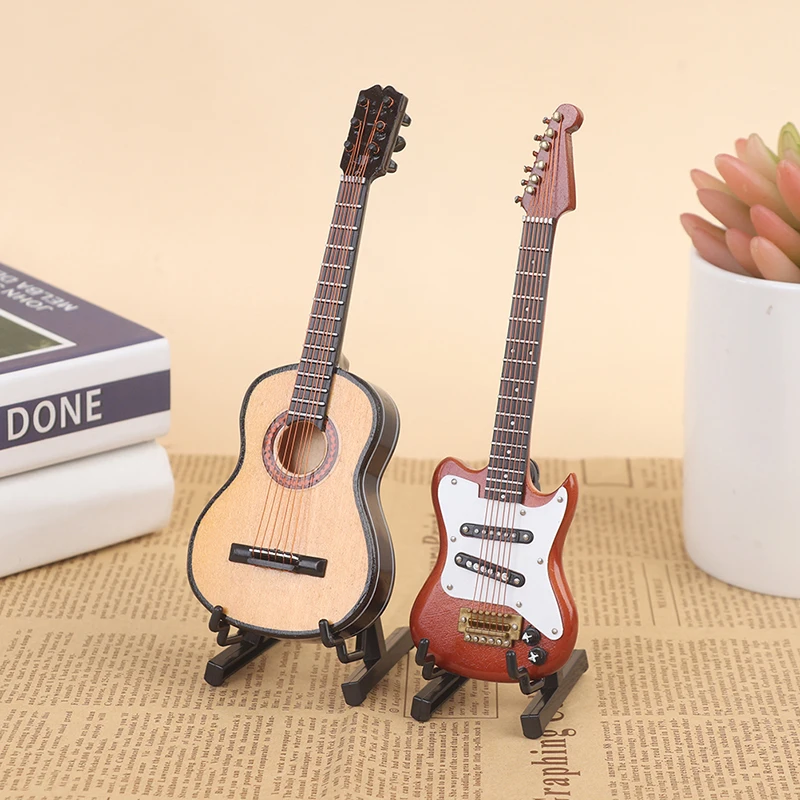 1/6 Dollhouse Miniature Wooden Electric Guitar With Stand Model Instrument Toy Doll House Decoration Accessories wooden fence double lift bridge overpass train tracks railway toys set accessories model kid s gifts