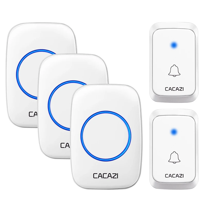 CACAZI-timbre inalámbrico, a prueba de agua, inteligente, accionado por batería, 300M, control remoto, 36 campanas, blanco, A06
