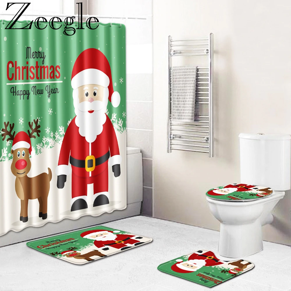Bath Mat Shower Curtain Set for Christmas Bathroom Carpet Mat Toilet Shower Room Bathroom Rug Toilet Lid Cover U-shaped Foot Mat