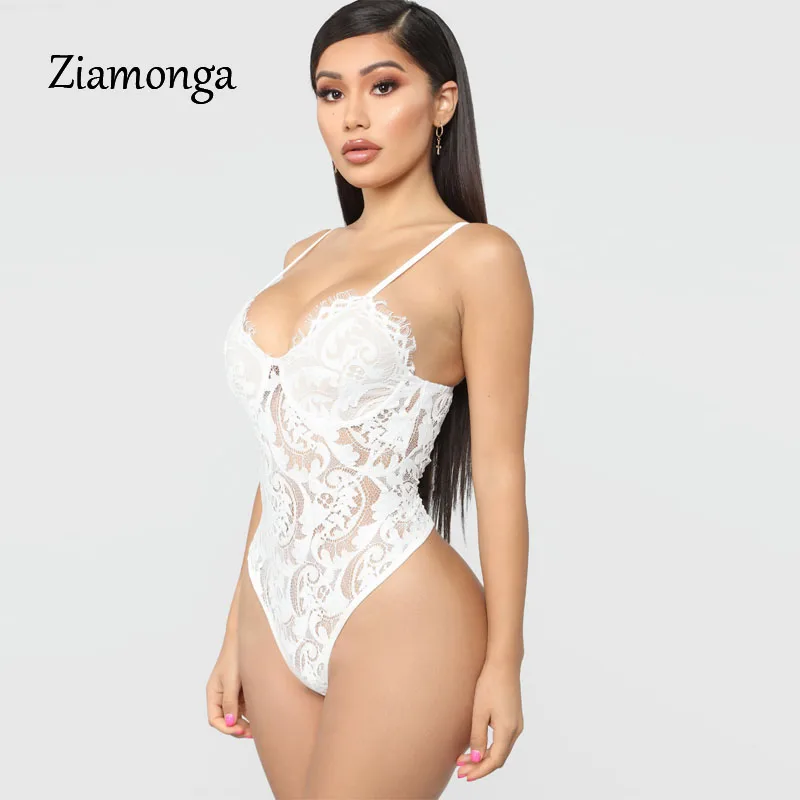 Ziamonga Sheer Lace Bodysuit Women Sexy Spaghetti Strap V-Neck Push Up See Through Jumpsuit Women Lace Bodysuits 2019 Summer New