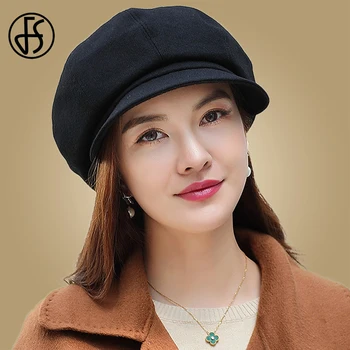 

FS Solid Plain Octagonal Cap for Women Autumn Winter Newsboy Hat Ladies Casual Wool Hat Wine Red Beret Women Painter Cap