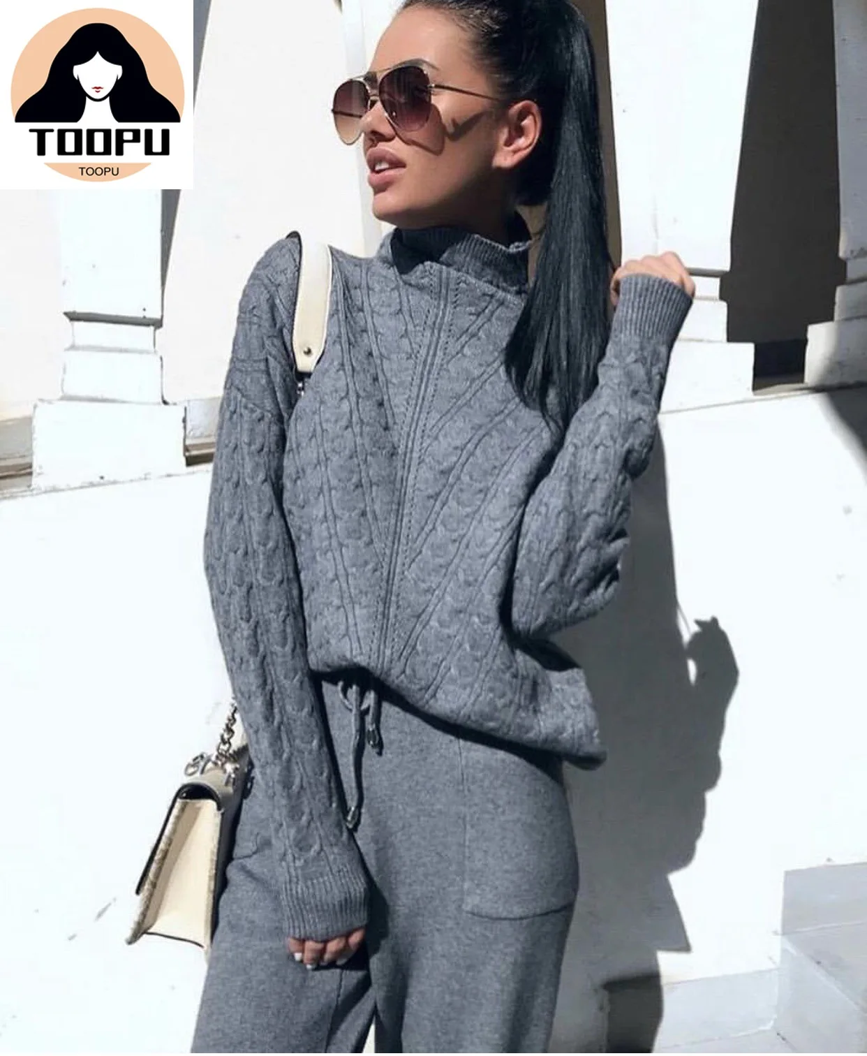 

2 Pieces Set Women Knitted Tracksuit Turtleneck Sweater + Carrot Jogging Pants Pullover Sweater Set CHIC Knitted Outwear