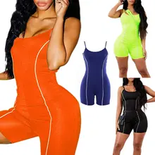 Женское летнее без рукавов облегающий комплект с шортами светоотражающие полосы Спортивные байкерские пикантный пляжный костюм с открытой спинкой неоновый цвет Обтягивающие Комбинезоны