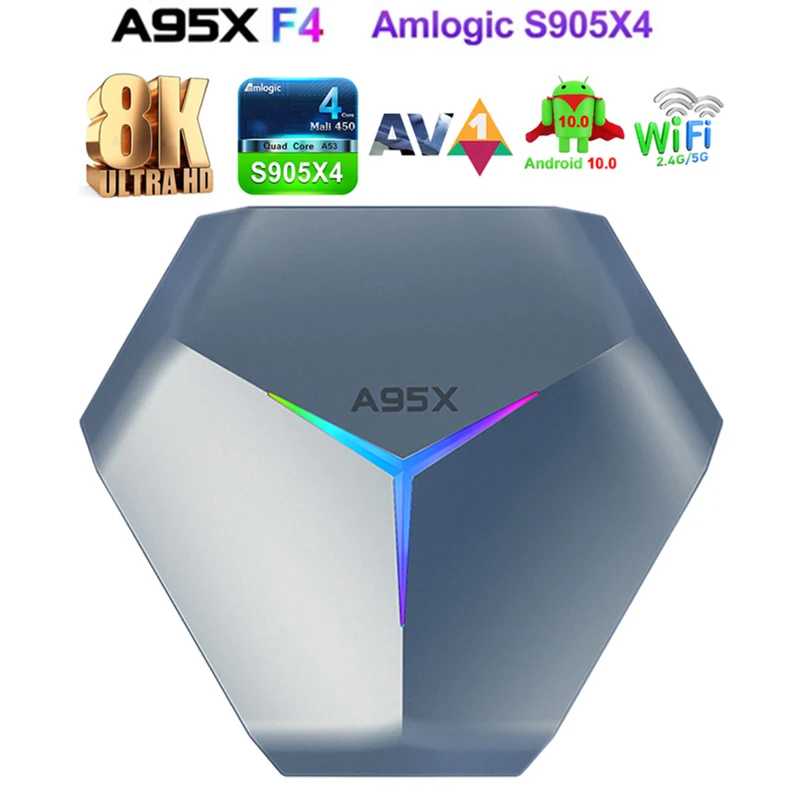 ТВ-приставка A95X F4 Android 10 Amlogic S905X4 4K YouTube 4 + 32 ГБ 2 4/5G ГГц Wi-Fi RGB-подсветка поддерживает