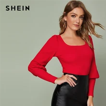 SHEIN Solid Leg-of-mutton Sleeve Top Slim Fitted Tee Autumn Scoop Neck Solid Office Ladies Elegant T-shirts