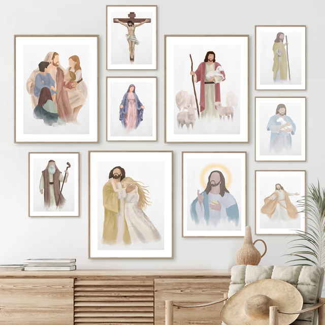 Wall Art Prints Canvas Painting Jesus Christ Portrait Virgin Mary Watercolor Nordic Poster Wall Pictures For Living Room Decor