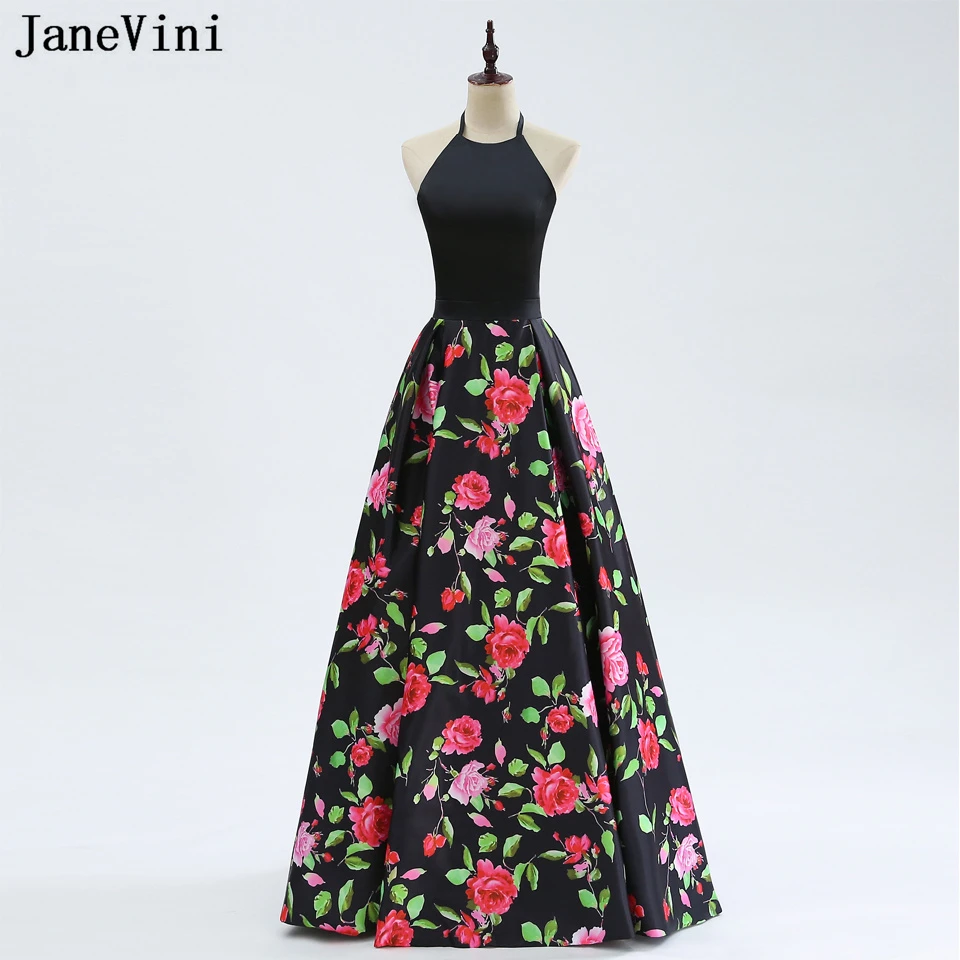 JaneVini Black Gown Long Floral Prom Dress Evening Gowns for Women Elegant Party Halter Backless Flower Printed Formal Dresses vintage prom dresses