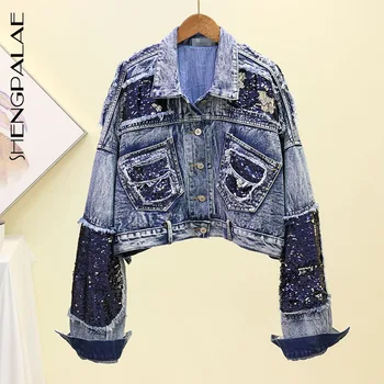 

SHENGPALAE 2020 Autumn Women Turn-down Collar Single Breasted Solid Vintage Female Loose Streetwear Splice Denim Jacket ZA5145