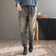 Зимние джинсы в стиле ретро, женские свободные флисовые теплые джинсовые брюки с эластичной резинкой на талии, новинка, женские свободные джинсовые брюки с вышивкой