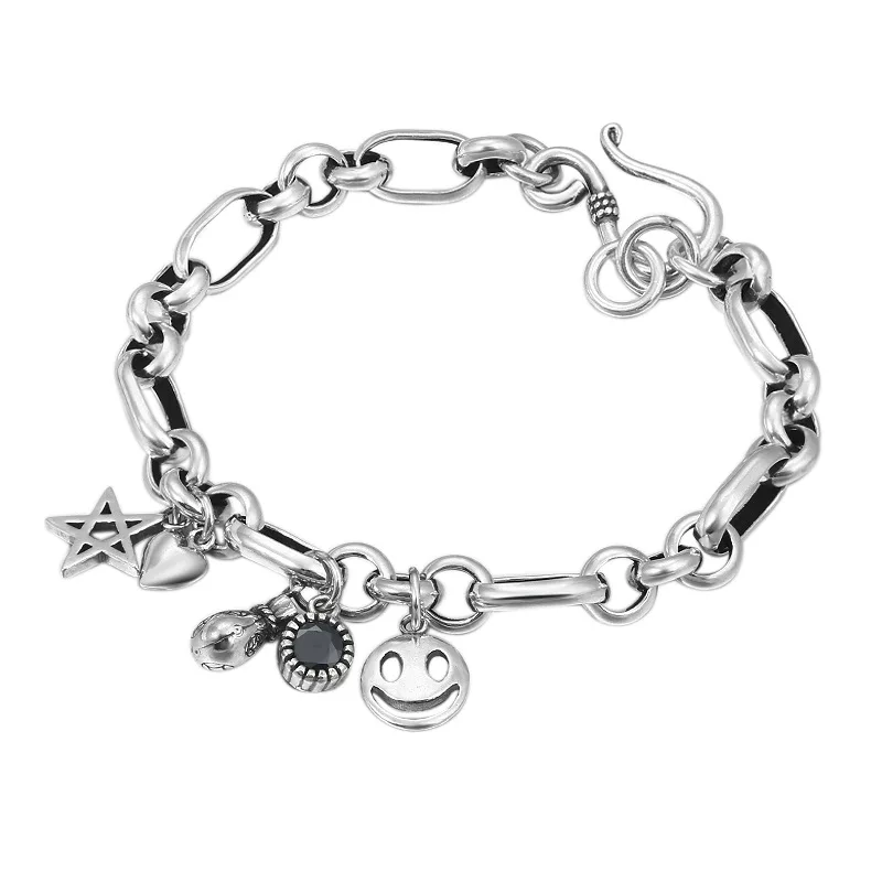 Новинка, 925 пробы, серебряный браслет, женский, модный, милый, пятиконечная звезда, смайлик, пряжка, очаровательный браслет, хорошее серебряное ювелирное изделие