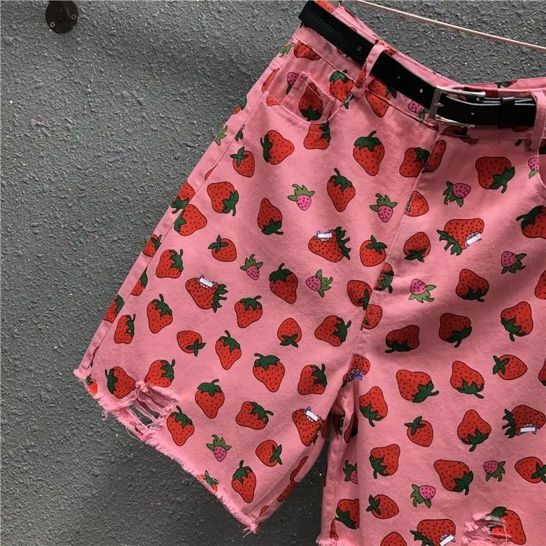 soffe shorts Pink Strawberry Print Knee Length Jeans Women 2021 New Summer Fashion All-match High Waist Loose Straight Shorts Wide Leg bike shorts