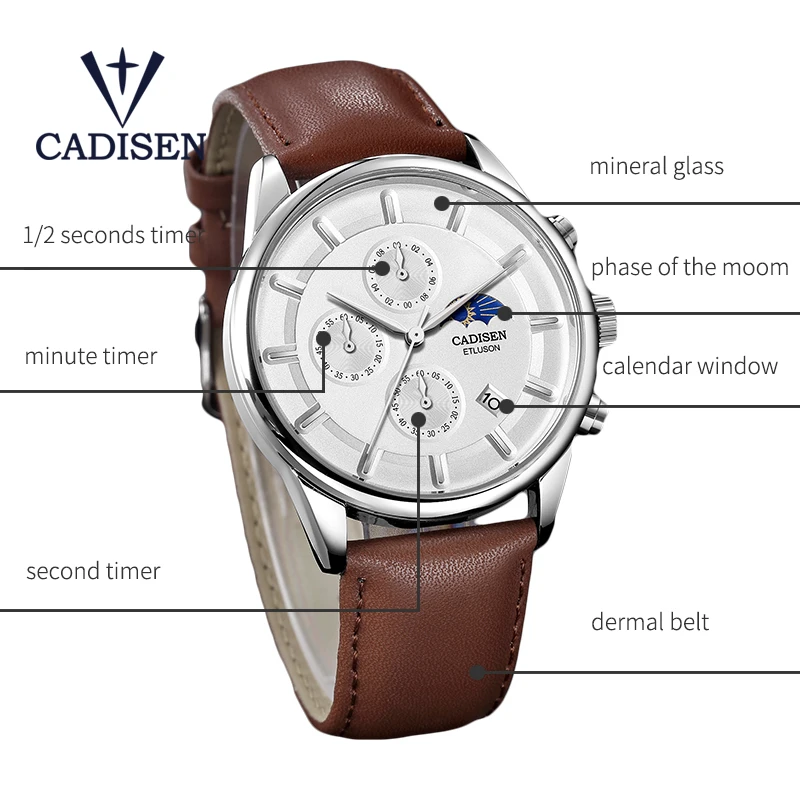 CADISEN2019 Mew мужские кожаные часы многофункциональные хронометражные военные кварцевые часы Бизнес Спорт Досуг 3ATM водонепроницаемый
