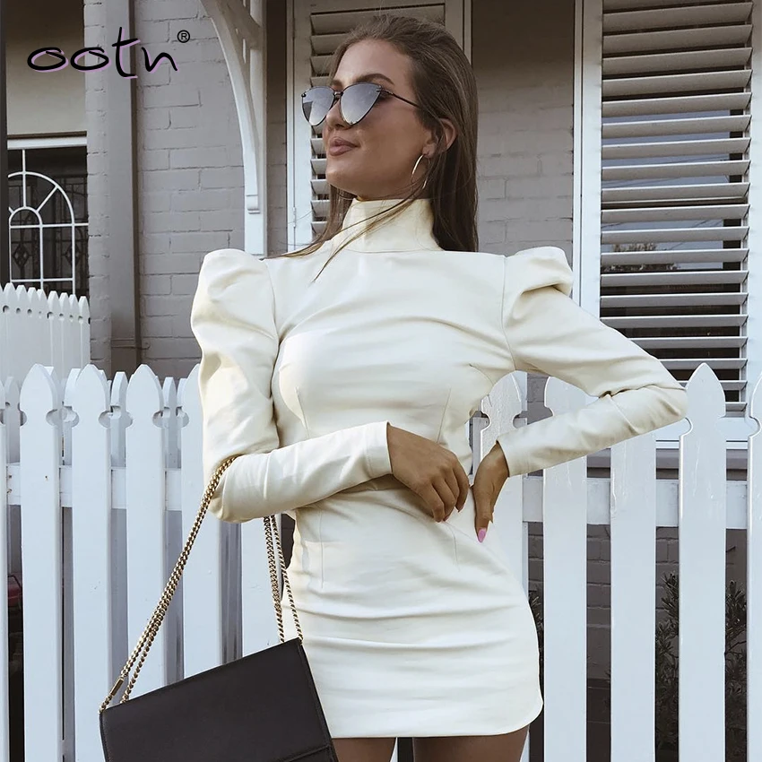 High Street Turtleneck Short Dress Pencil Ladies Dresses Autumn Winter White Long Puff Sleeve Women Casual 2019 Vestidos | Женская