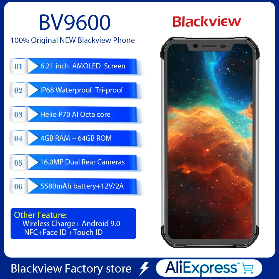 BLACKVIEW BV9600 6,21 дюймов FHD+ P70 AI Мобильный Телефон IP68 Face ID смартфон 16MP 4 Гб+ 64 Гб Беспроводная зарядка NFC Android 9,0 4G LTE