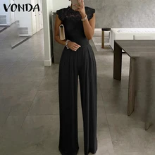 

VONDA 2021 Women Sexy Sleeveless O Neck Pleated Jumpsuits Ladies Casual Lace Wide Leg Overalls Dungaree Oversized Playsuits