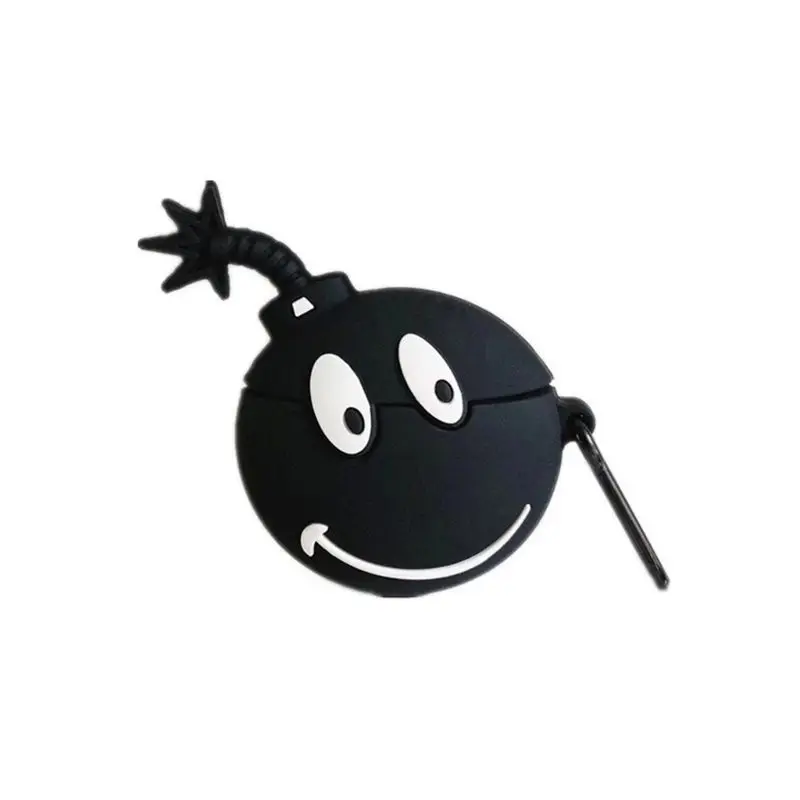 

Black Cute Smily Face Bomb Pattern Soft Silicone Protective Case Shockproof Cover Skin Protector with Carabiner for Airpods 1/2