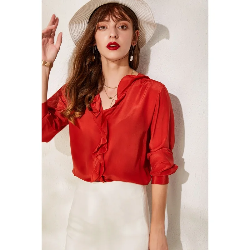 Ruffles V-neck Natural Silk Blouse 100% Mulberry Silk Long Sleeve Loose ...