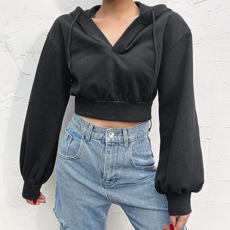 IAMSURE 2020 Autumn Solid Black Basic Sweatshirts For Women Casual Long Sleeve Female Cropped Hoodies Korean Streetwear Outfits
