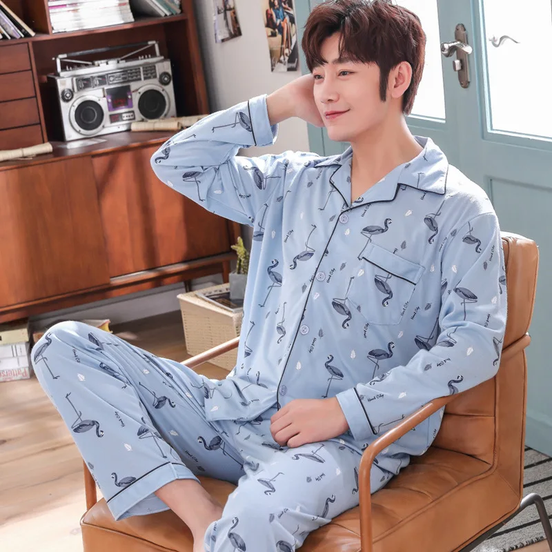

Pajamas Men Pure Cotton Long Sleeve Spring And Autumn Large Size Autumn And Winter Thin Greenish Blue Middle-aged Tracksuit Men'