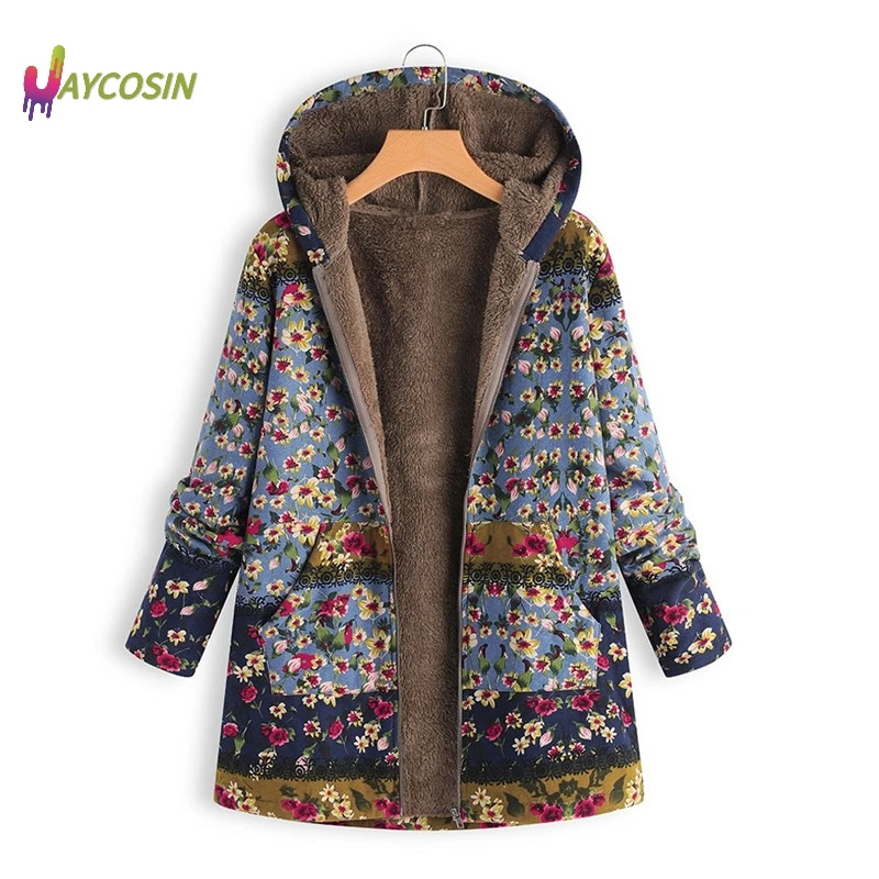 Jaycosin модное женское хлопковое пальто зимнее теплое пальто женская верхняя одежда цветочный принт с капюшоном карманы винтажное пальто оверсайз для женщин s