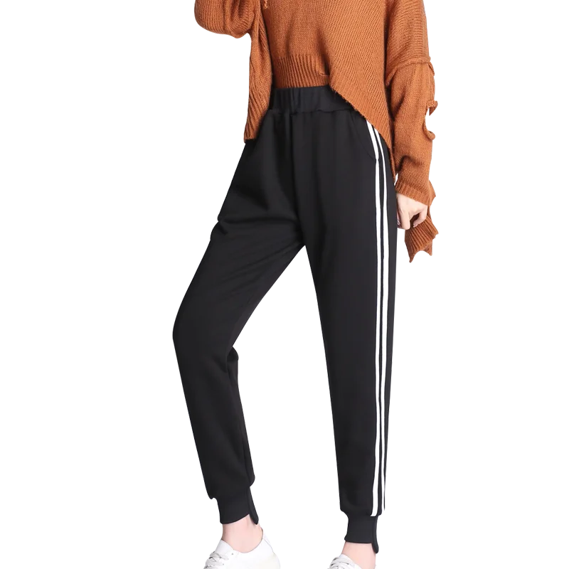 Striped Black Pants Зимние флисовые утолщенные модные женские брюки с эластичной талией и высокой талией, свободные женские повседневные теплые брюки Polartec с начесом - Цвет: Striped Black Pants