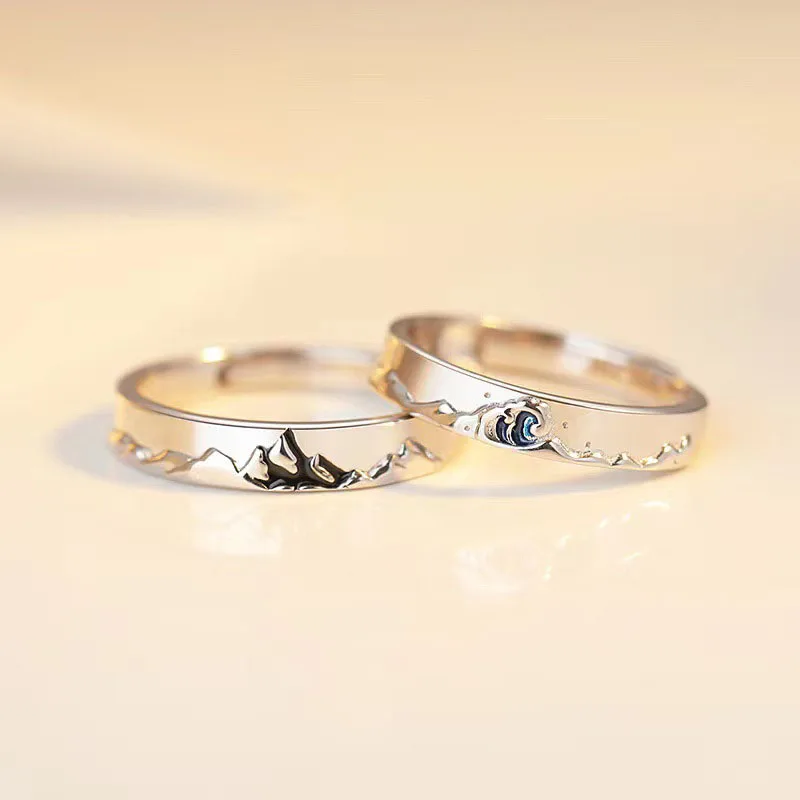 Couple Silver Color Personality Mountain and Sea Adjustable Rings Love Anniversary Gift New Design Paired Ring