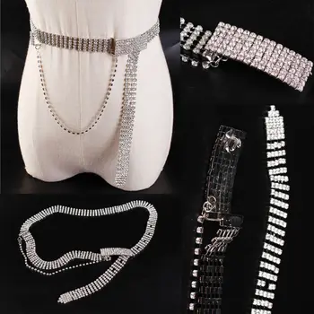 

Fashion Women's Wedding Diamond Chain Waist Belt Silver Metal Buckle Waistband Women Dress Adornment Belt Set Auger