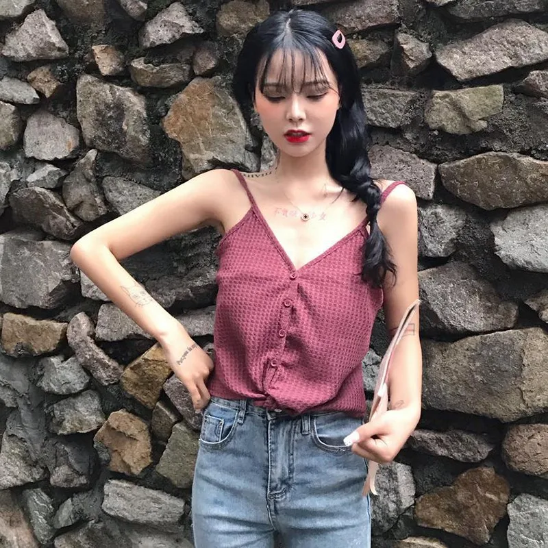 

Summer Basic Sexy Streetwear Girls Cropped Knitted Beack Vests Solid Color Women Ribbed Bow Tie Camisole Tank Tops with Button