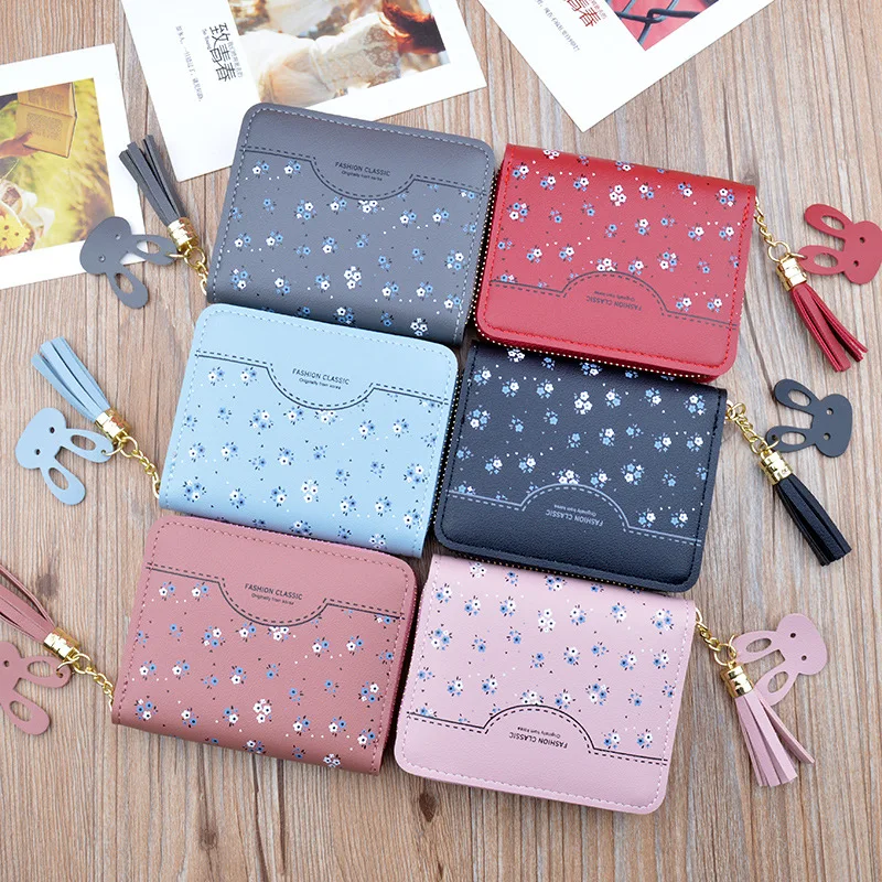 

New wallet women's short zipper tassel wallet cute Korean small flower zero purse women's Mini Handbag