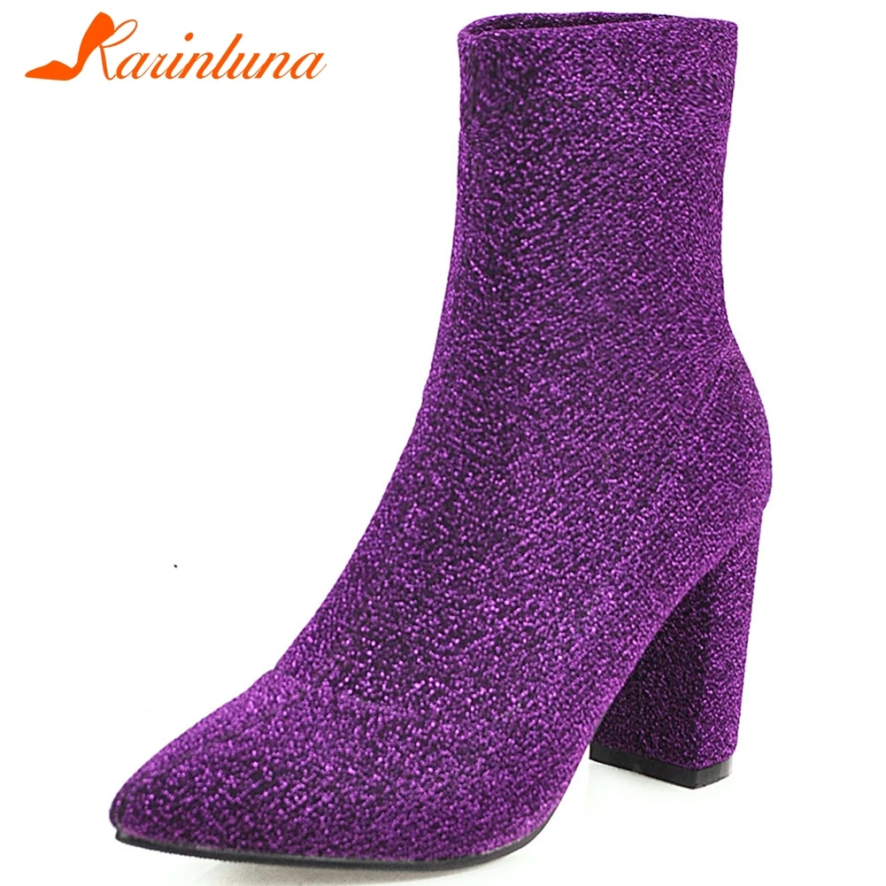 

Karinluna Plus Size 34-48 Hot Sale Bling INS Boots Woman Shoes Chunky Heels Slip On New Fashion Party Wedding Shoes Women Boots