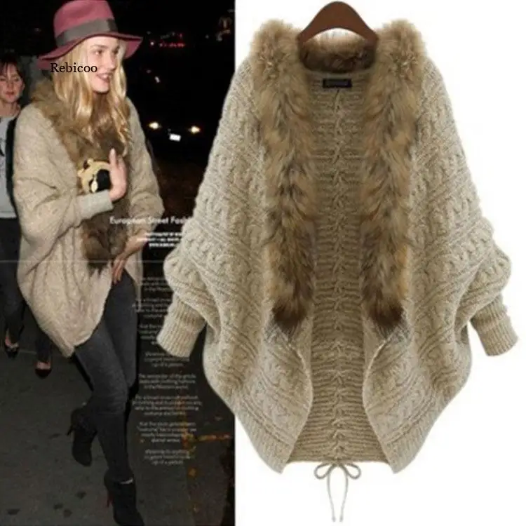 

Женский вязаный кардиган, накидка, шаль, рубашка летучая мышь, европейский и американский меховой воротник, Осень-зима, новинка