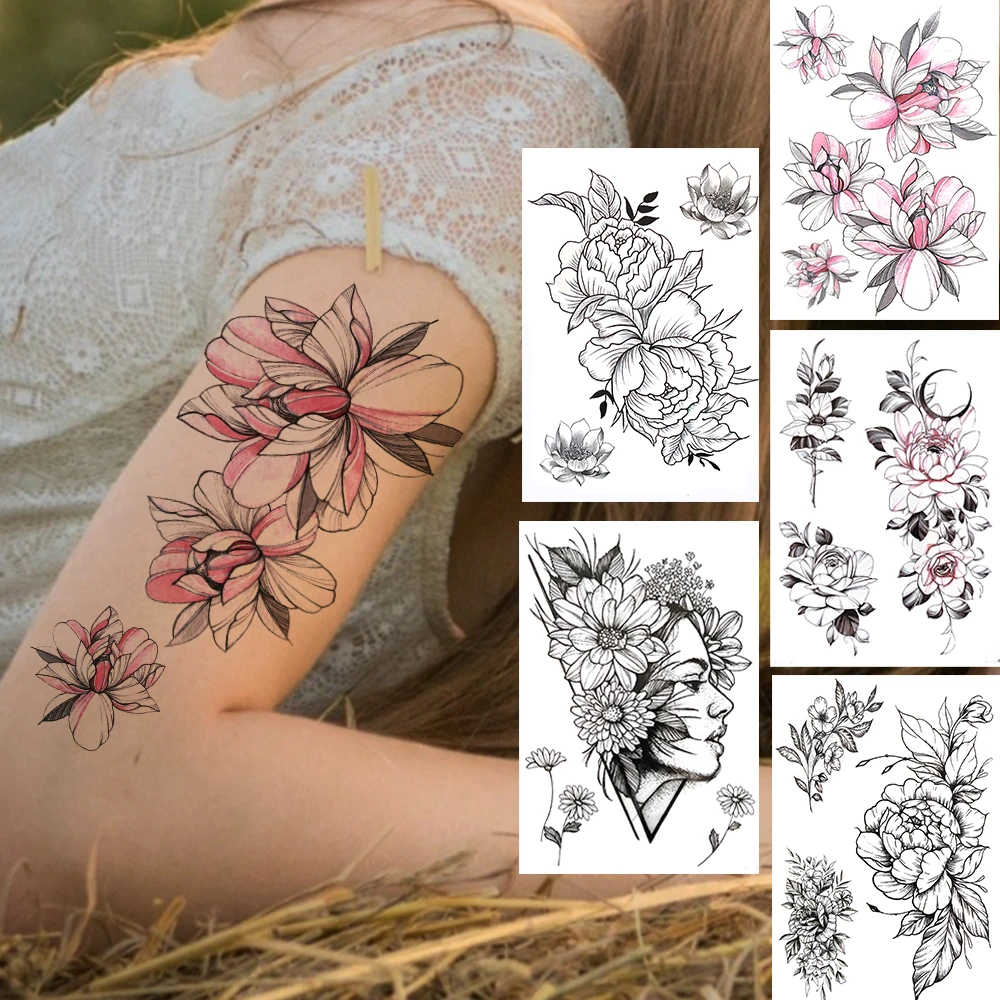 Tatouage Avant Bras Femme Fleur De Lotus Tatouage temporaire de fleur de Lotus rose pour femmes, autocollant de  pivoine Sexy à géométrie réaliste, faux bras auto adhésifs | AliExpress