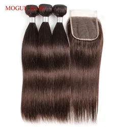 Color 2 Dark Brown Hair Bundles with 4x4 Lace Closure Free Part Straight Remy Human Hair Extension 10-24 inch MOGUL HAIR