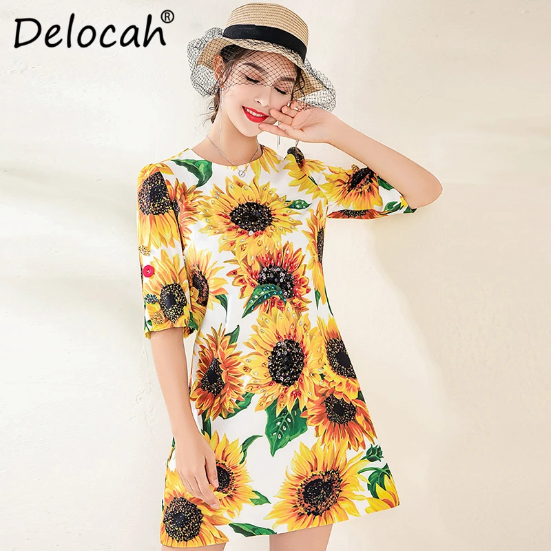 

Delocah Autumn Winter Women Dress Runway Fashion Designer Half Sleeve Gorgeous Crystal Flower Printed Elegant A-Line Loose Dress