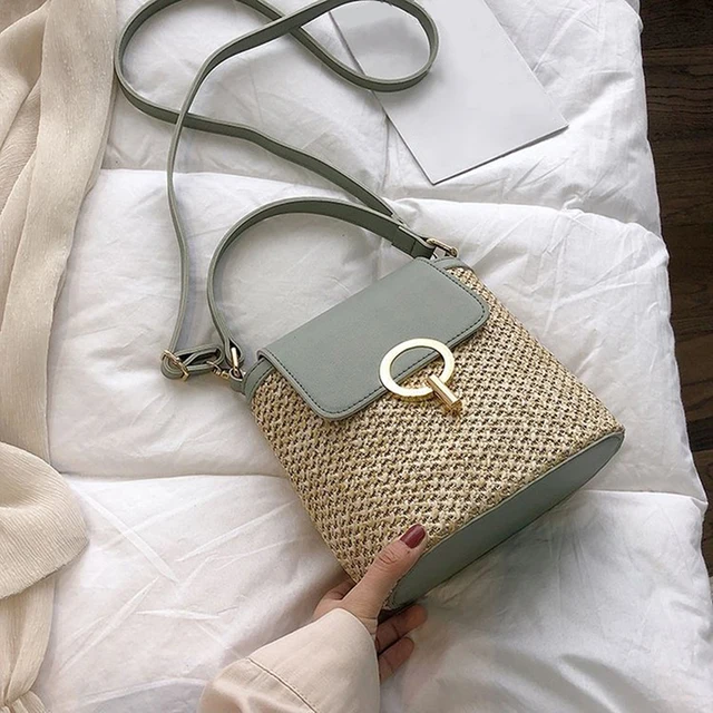 HGSHUO Mädchen Stroh Tasche Grün - Blumen-Crossbody Mit Reißverschluss, Boho-Style