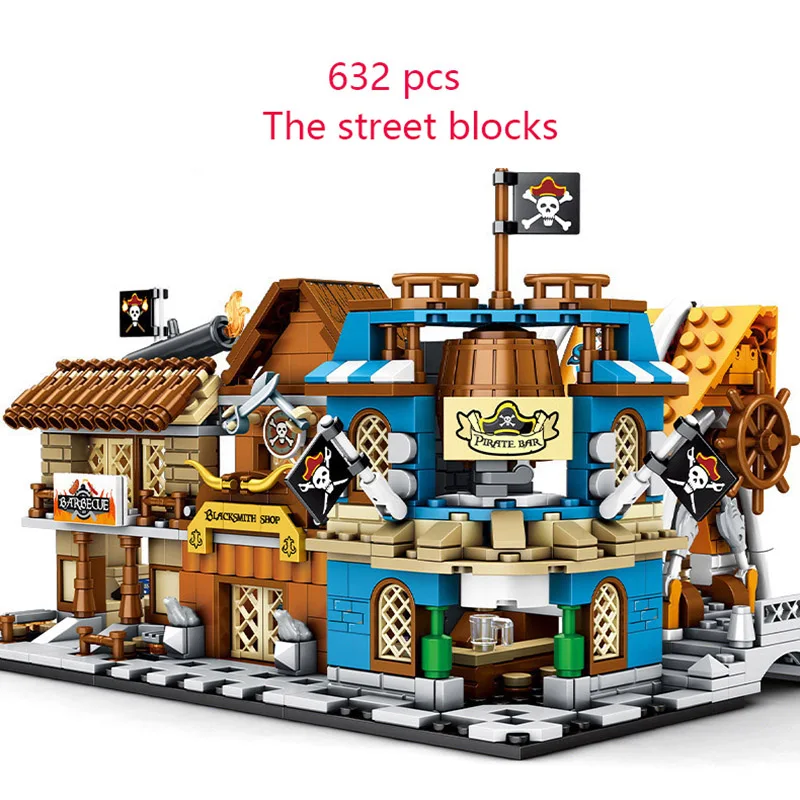 

NEW 4 in 1 Mini Pirates Town Street Building Block Bar Blacksmith Barbecue Shop Building Blocks Bricks creator Kids toys gift