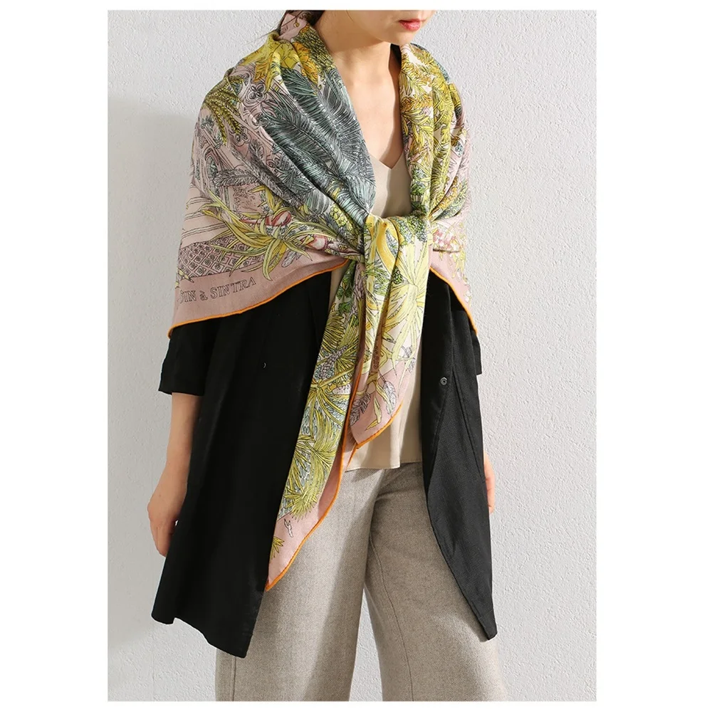 Элегантный цветочный принт женский Шелковый кашемировый шарф Обертывания шаль - Цвет: Khaki
