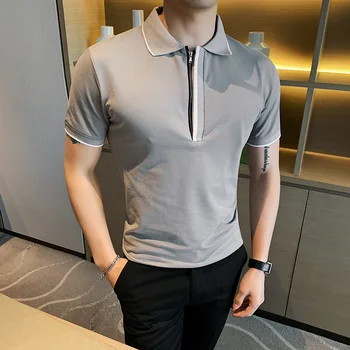 

White Black Summer Short Sleeve Polo Shirt Men Fashion 2020 Men's Polos Slim Fit Turn Down Collar Zipper Design Casual Polos Men