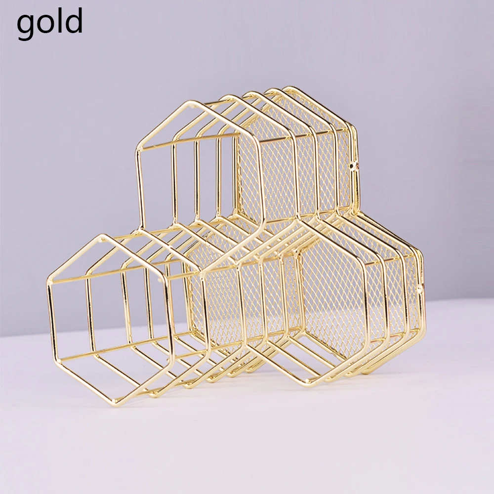 gold Шестигранная железная подставка для ручек и карандашей, стойка для рабочего стола, декоративная Кисть для макияжа, органайзер, Канцелярский контейнер для хранения, офисный - Цвет: gold