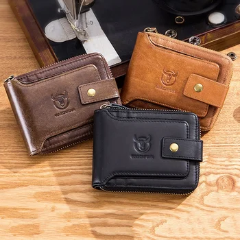 

Bullcaptain Men Leather Brand RFID Wallet Storage Bag Coin Purse Ultra-Thin Fashion Zipper Clip Wallet Card Holder